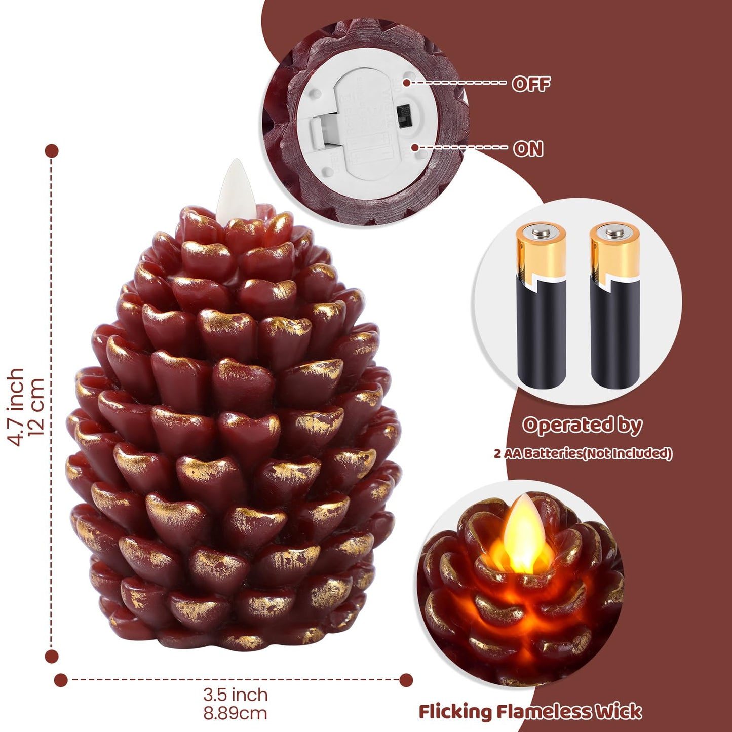YIOJOYD Christmas Pinecone Candles Flameless,Battery Operated Candles with Flickering Wick,Indoors Fake Candle,Christmas Candle Pine Cones Holiday Decor,Winter Thanksgiving Decorations,Set of 2