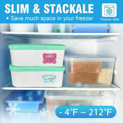 Walfos Ice Cream Containers - 1.6 Quart Each, Reusable Homemade Ice Cream Tubs with Silicone Lids, Stackable Freezer Storage Container for Yogurt, Sorbet, Gelato, Bonus 2 Bands, 12 Stickers, Set of 2