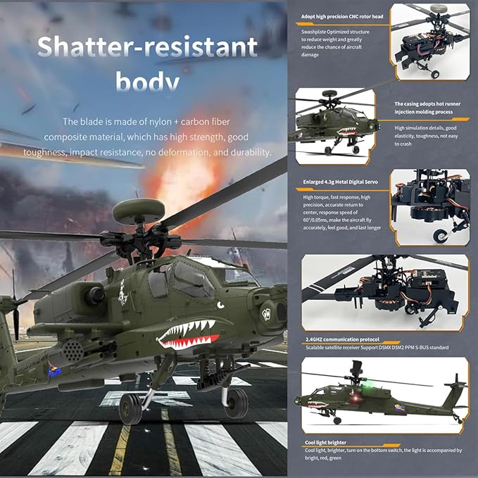 YUXIANG F11 AH64 RC Helicopter for Adults for AH64 Apache 1/32 Scale 2.4G 6CH 6G/3D Stunt Remote Control Military Aircraft Toys with 6-Axis Gyro &amp 2 Brushless Motor &amp Lights - BNF