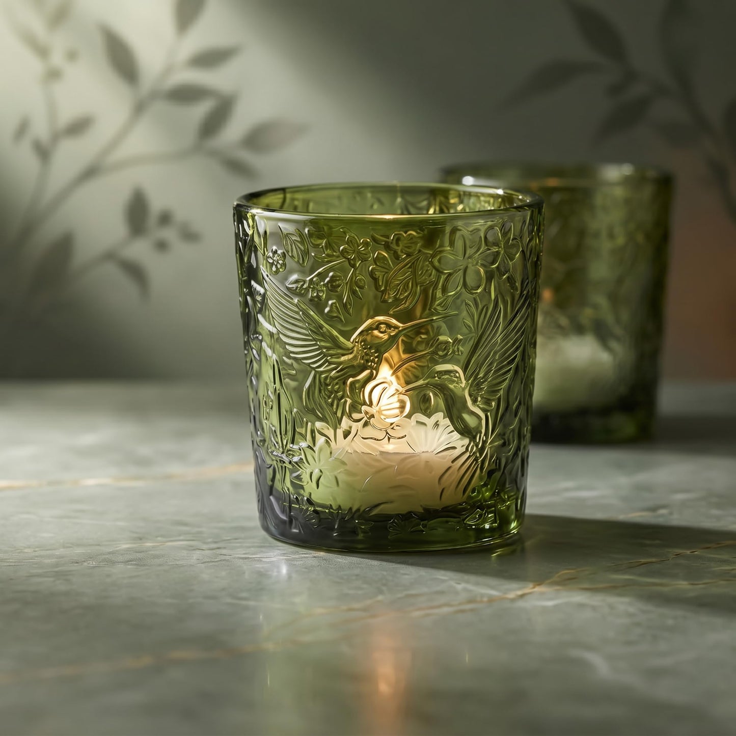 6 Pack Hummingbird Embossed Glass Candle Holders Votive Tealight Holders with Patent Design, Decorative Cups for Wedding Centerpieces, Parties, and Home Decor (Moss Green)