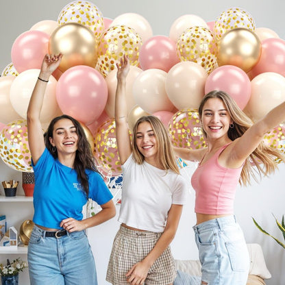 Blush Pink and Gold Balloons Set, 12 Inch Retro Pink and Champagne Gold Balloons Pastel Pink Metallic Gold Confetti Balloons for Birthday Bridal Shower Bachelorette Boho Party Supplies