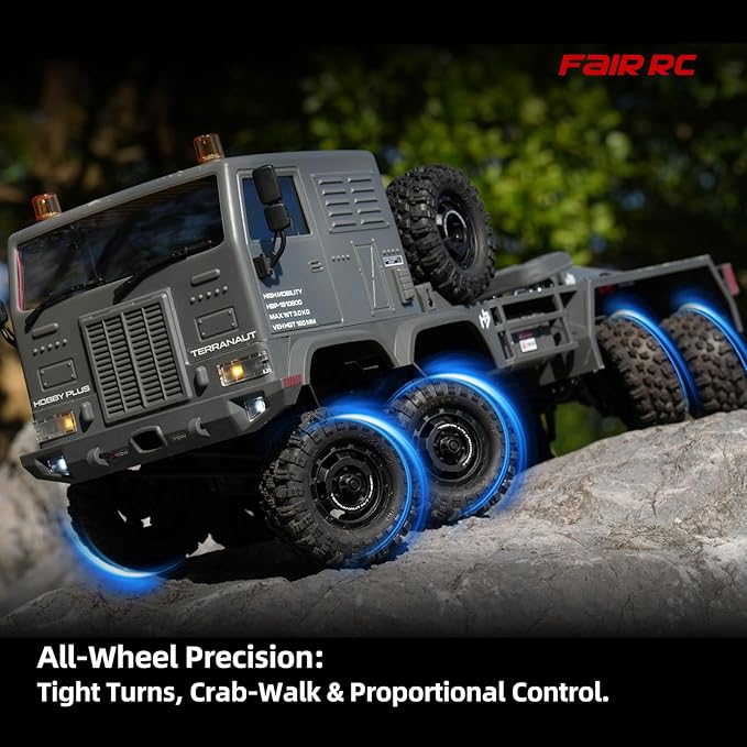 1/18 CR18P Terranaut 8x8 RC Crawler 8WD Rock Truck with Active-AWS All-Wheel Steering 2-Speed Transmission Remote Winch &amp Portal Axles Metal Gears Off-Road RC Car for Adults Collectors (Gray)