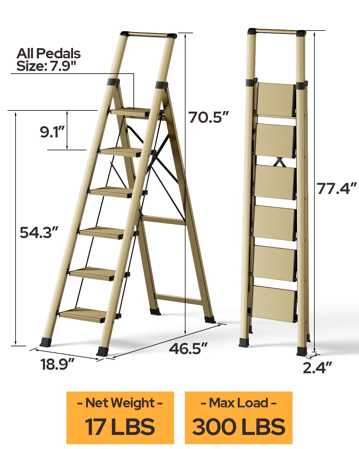 GameGem 6 Step Ladder for 12 Feet High Ceiling, Lightweight Aluminum Folding Step Stool with Convenient Handgrip, Stepladders with Anti-Slip and Wide Pedal for Home Use Space Saving - Gold