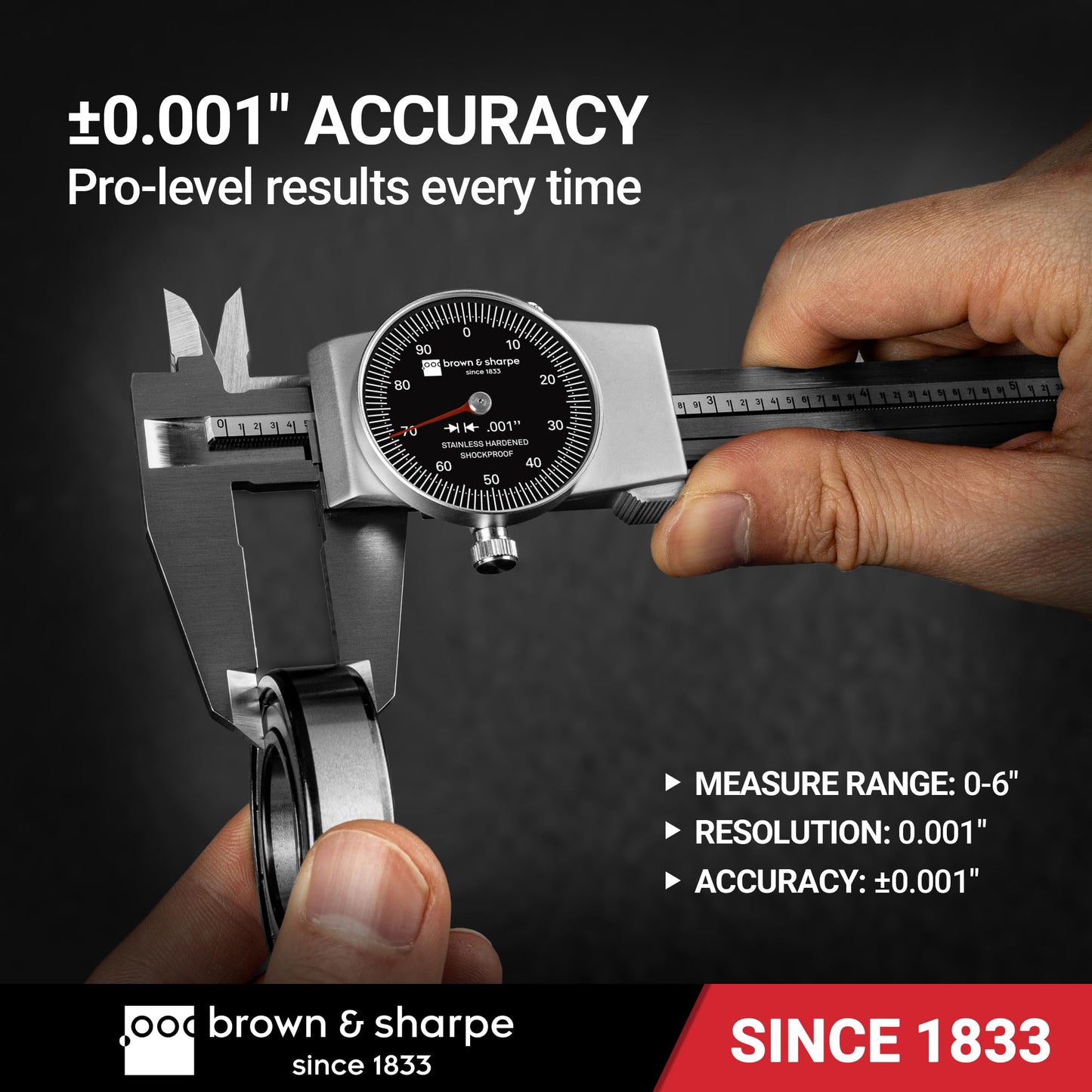 Brown & Sharpe 6" Dial Caliper, 0.001" Resolution, Shockproof Design, Locking Screw, Hardened Stainless Steel Jaws, Zinc-Aluminum Alloy Housing
