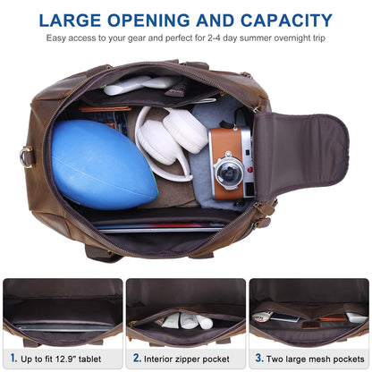 TIDING Full Grain Leather Duffle Bag for Men - 20 Inch TSA Approved Carry On Weekender Overnight Travel Duffel Bags