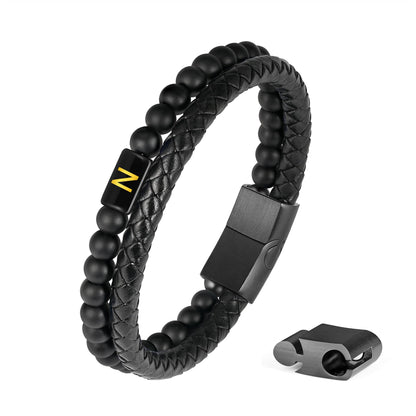 Mens Leather Bracelet with Initial - Men Gift Matte Agate Bead Magnetic Clasp Black Leather Bracelets Mens Gifts Men Bracelets with Initial N Bracelet for Men's Jewelry Men's Gifts for Dad Husband Him