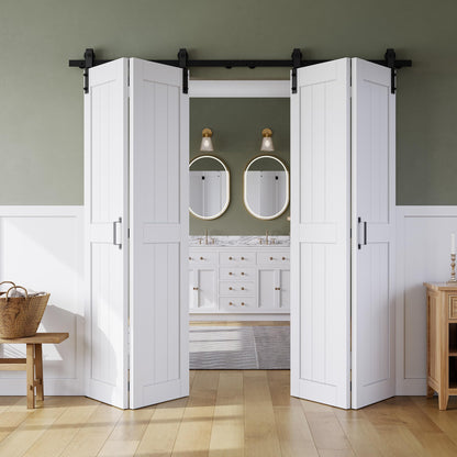 Bifold Barn Door 60" x 84", MDF Bi-Fold Sliding Closet Doors with Hardware Kit Included, Pre-Finished Easy Assembly, Water-Proof PVC Surface & Save Space, H-Frame, 68" Track for 4 Doors,White