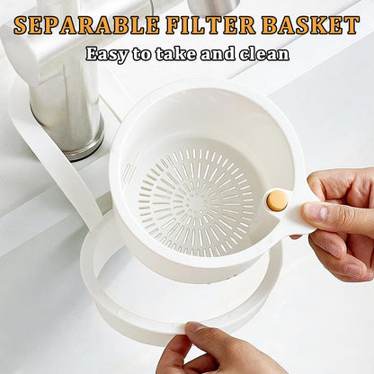 Sink Strainer Basket with One-Touch Drain Mesh, Snap-On Strap & Detachable Design – Kitchen Sink Food Scrap Filtering Storage Organizer (White)