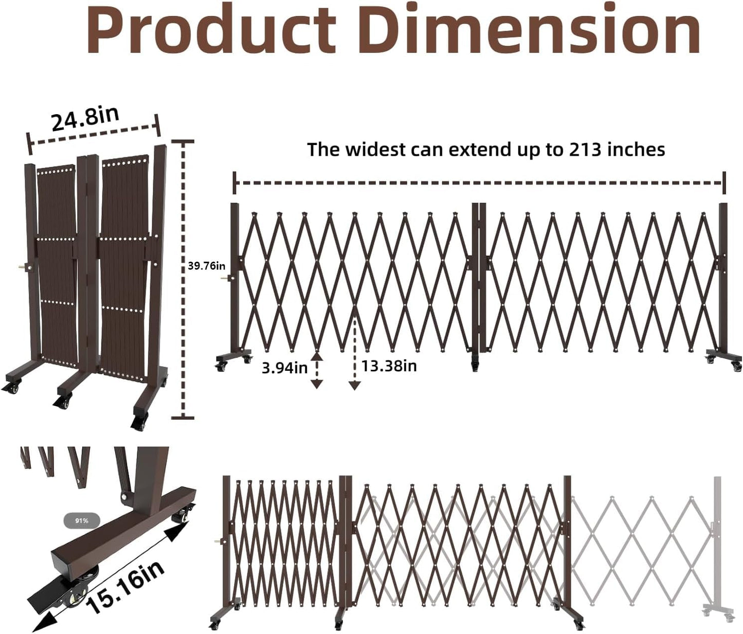 Expandable Driveway Gate, Portable Barricade Gate with Casters, Metal Folding Security Gate, 209" Wide Aluminum Expandable Garden Fence, Outdoor Dog Fence for Yard (Brown, 213)