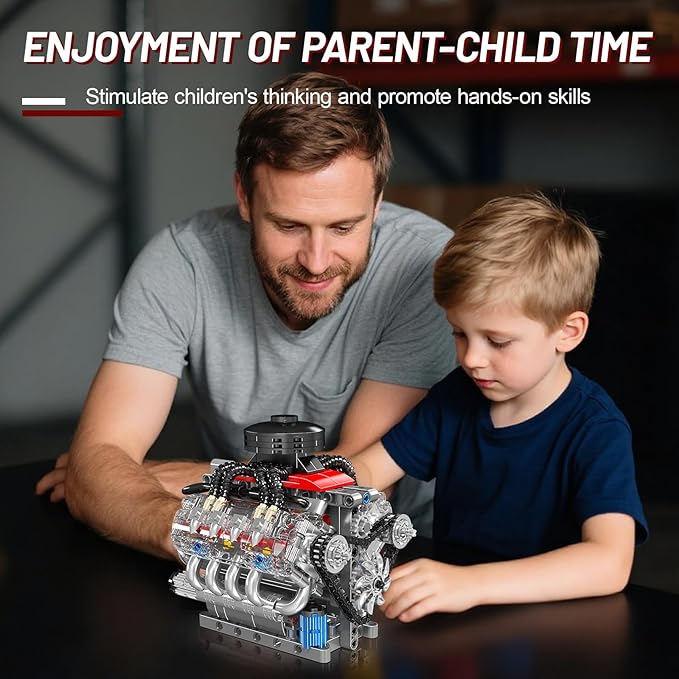 Mini V8 Engine Model Sets - 487 PCS DIY Building Toys Car Motor Kits That Runs - Gift Idea for Adults Boys Girls for Mechanic Engineering Construction