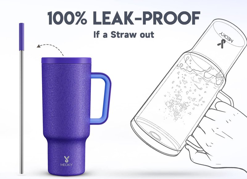 Meoky 40oz Tumbler with Handle, Leak-proof Lid and Straw, Insulated Coffee Mug Stainless Steel Travel Mug, Keeps Cold for 34 Hours or Hot for 10 Hours (Offshore)