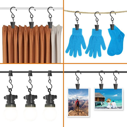 40 PCS Curtain Clips with S Hooks for Outdoor String Lights, Stainless Steel S Hooks with Clips for RV Awning and Gutter Lights (Black)