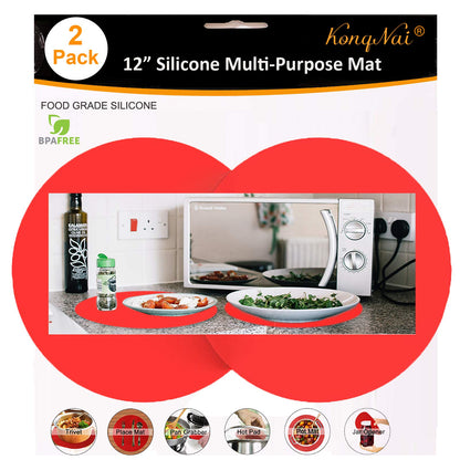 Silicone Microwave Mat 12 Inch, Non Stick Turntable Safe Baking Mat for Kitchen, Multi-Purpose Heat Resistant Oven Mat 2 Pack, BPA Free Microwave Splatter Cover (Red)
