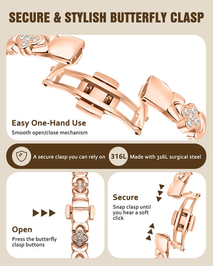 Jecanori 5X Strength Magnetic Copper Bracelet for Women —Updated 5,000 Gauss Ellipse Magnets — Premium Butterfly Clasp & Adjustable Length,Gold Rose Four-Leaf Clover