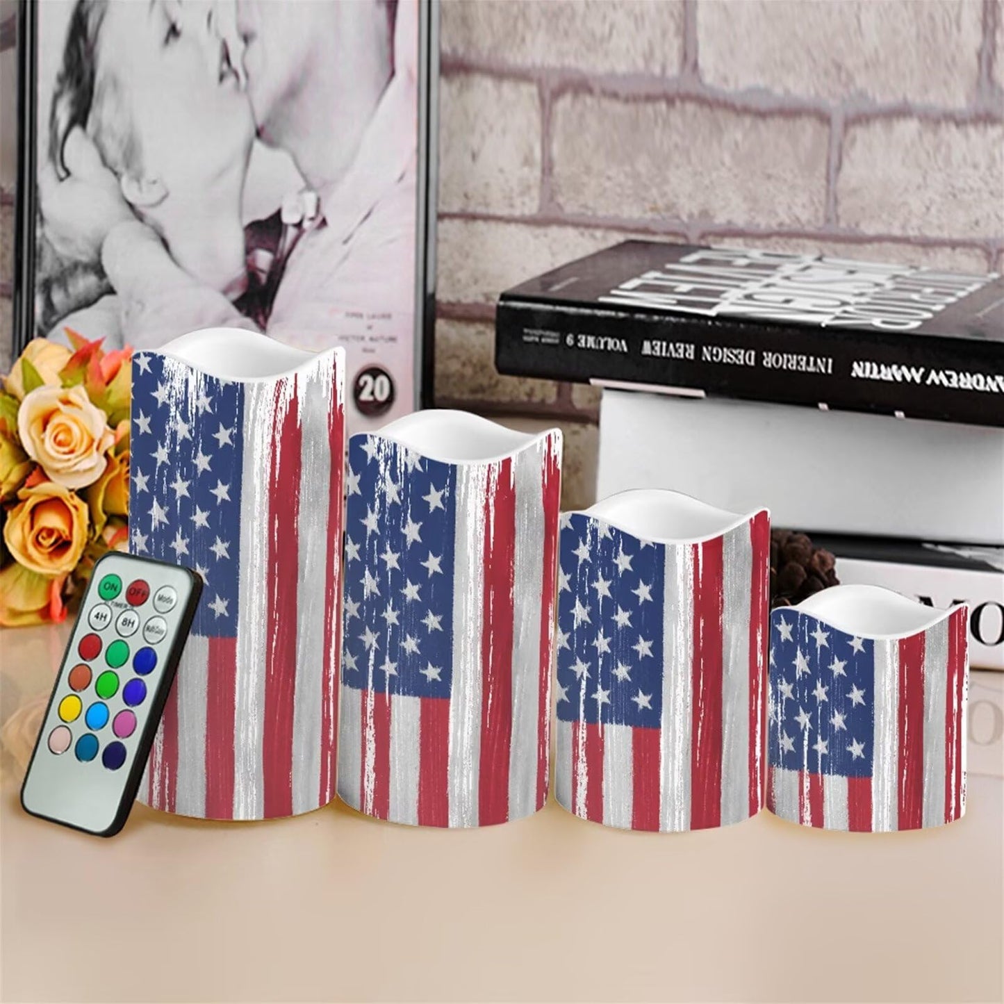 Ystardream American Flag Luminara Candles Battery Operated Candle Blink with Timer, Pillar Embedded Flameless Candle, LED Candle for Wedding Men Women's Gift