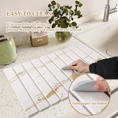 3 PCS Large Stone Dish Drying Mat for Kitchen Counter - Quick Dry Diatomaceous Earth Mat with 2 Coasters, Ultra Absorbent Stone Drying Pad for Dishes & Cups, Heat Resistant, Gold Marble