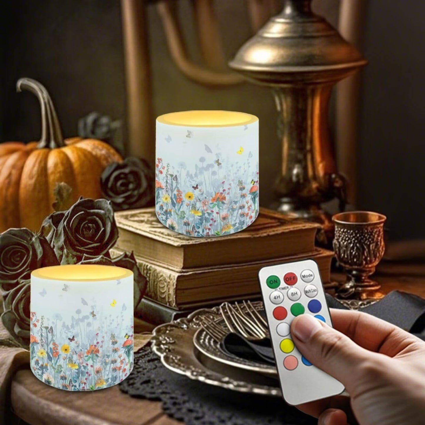 Merkmak 4 Pack Flameless Candles with Remote and Timer Flameless Pillar Tea Lights Bulk for Indoor Outdoor Battery Operated Candles, Butterfly Hibiscus Flower