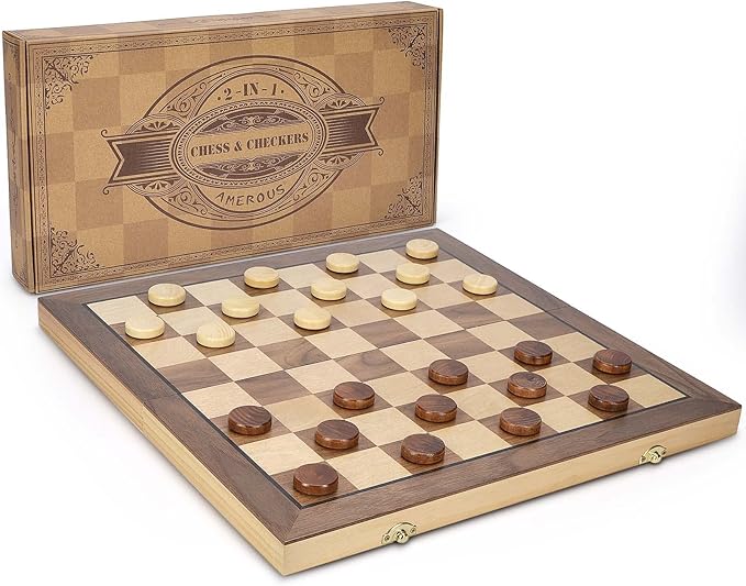AMEROUS 15'' Magnetic Wooden Chess &amp Checkers Game Set -2 Extra Queens -24 Cherkers Pieces - Chessmen Storage Slots Beginner Chess Set for Kids and Adults Classic 2 in 1 Board Games