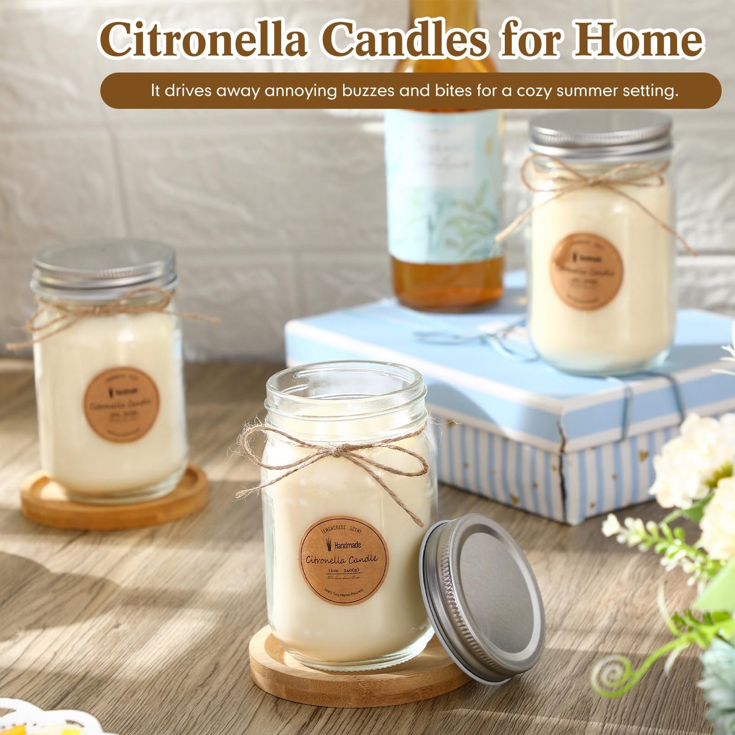 MTLEE 4 Pcs Citronella Candles Outdoor 12 oz Citronella Scented Jar Candles Decorative with Silver Lid for Outdoor Patio Deck Backyard Camping