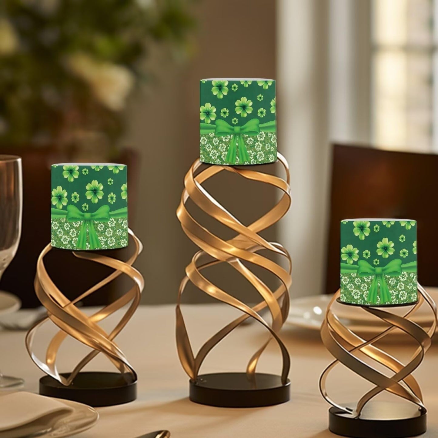 Merkmak 4 Pcs Flickering Flameless Candles with Remote Battery Operated Pillar Candles with Timer St Patrick's Day Shamrocks Ribbon Print LED Pillar Tealights for Patio Banquet Home Decor
