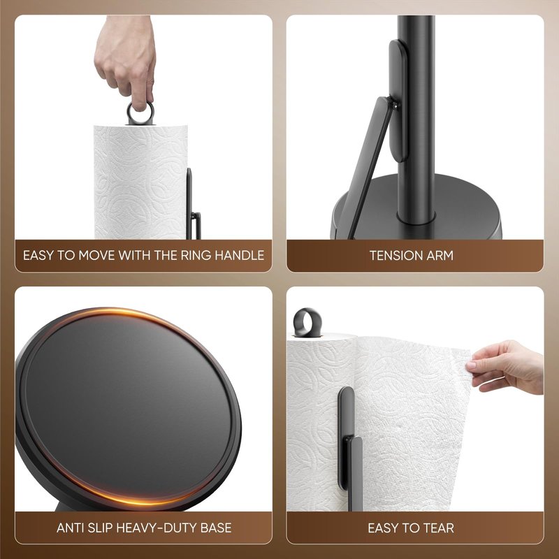 theaoo Heavy-Duty Stainless Steel Paper Towel Holder with Tension Arm – Easy One-Handed Tear, Modern Standing Countertop Dispenser for Kitchen, Holds All Paper Towel Rolls (1, Black)