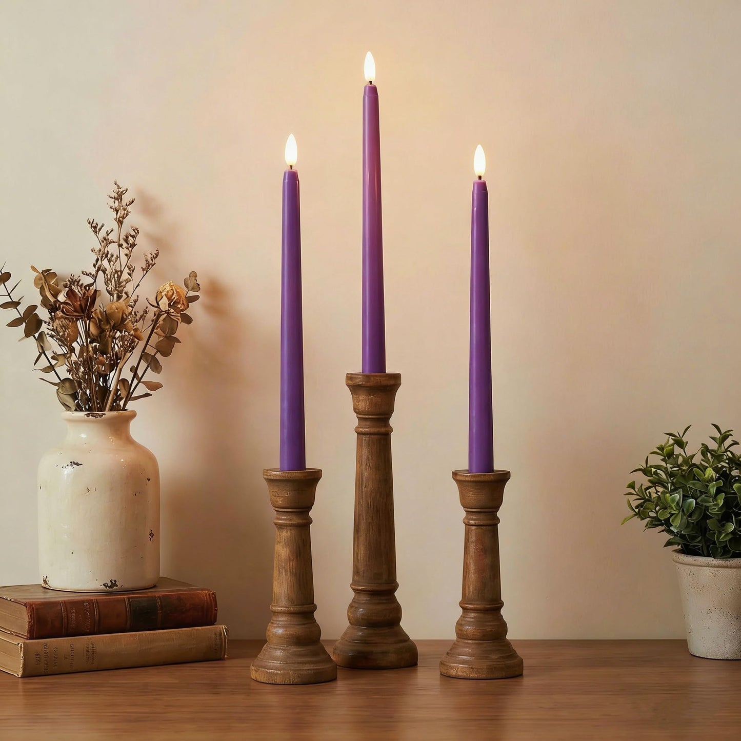 Ni-JASW Purple Flameless Taper Candles with Remote, Battery Powered LED Candlesticks Flickering Home Decor Set of 4