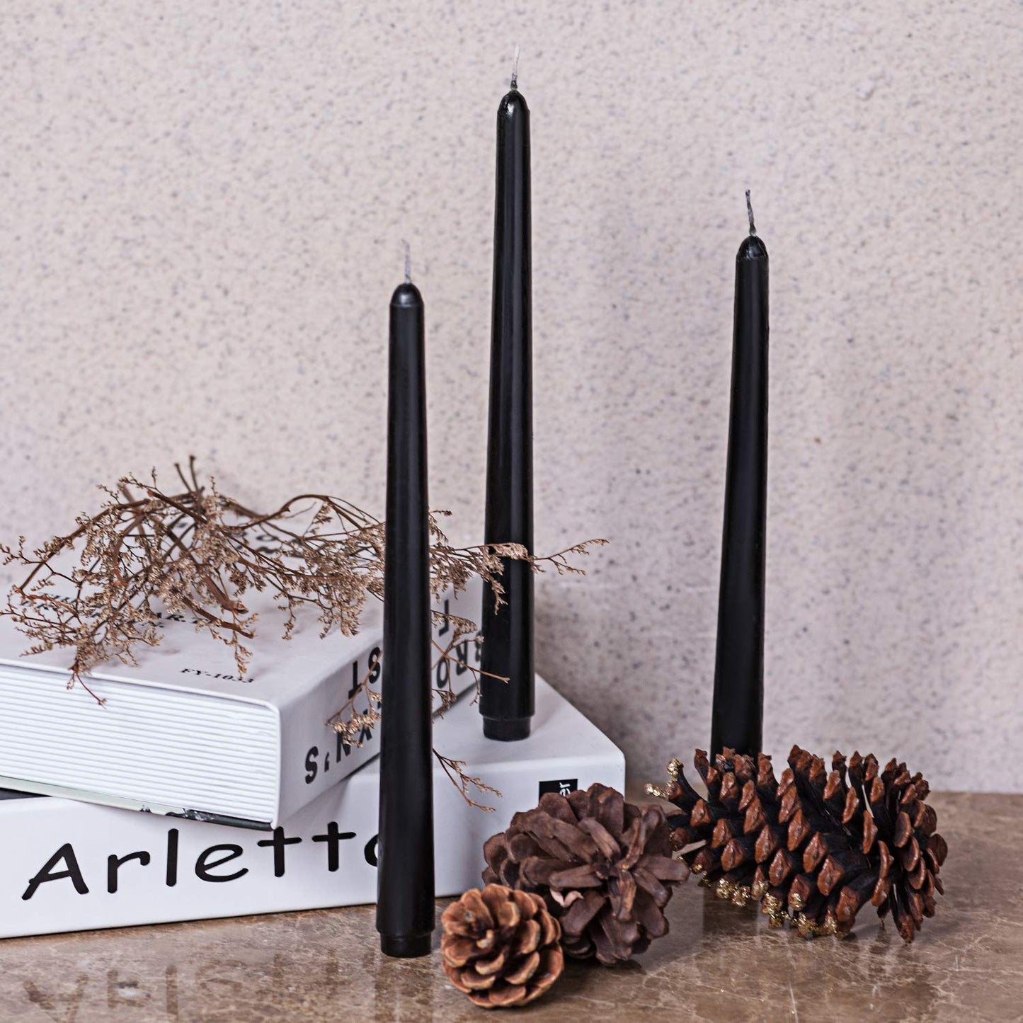 4 Pack Black Taper Candles for Halloween, 10×7/8 Inch Dripless Candlesticks, Great for Home Decoration Dinner Party Meditation and Emergency