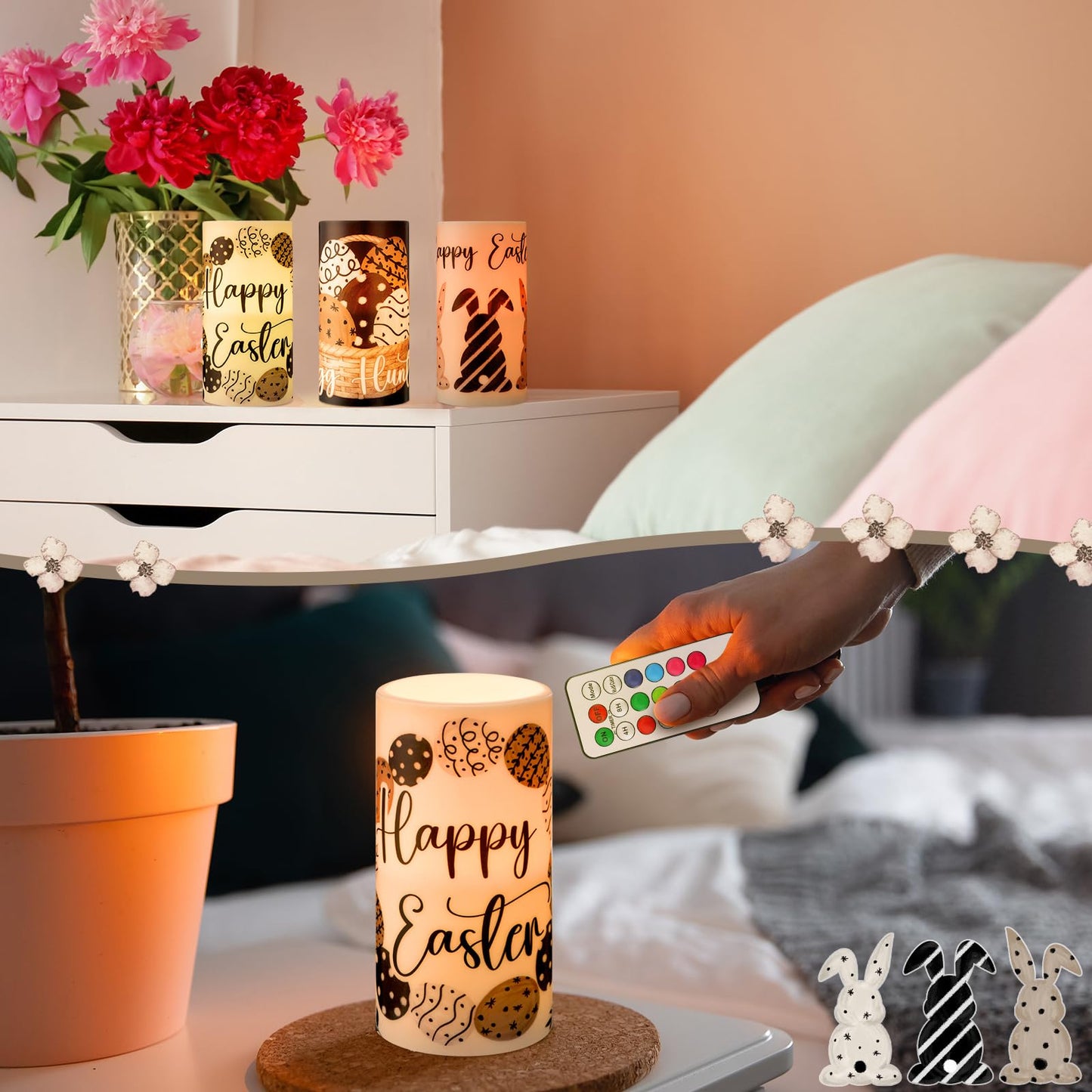 Retisee 3 Pcs Black Brown Easter Flameless LED Candles Battery Operated Bunny Spring Flickering Pillar Candles with Remote Rabbit Easter Centerpiece for Bedroom Living Room Dinner Table Decoration