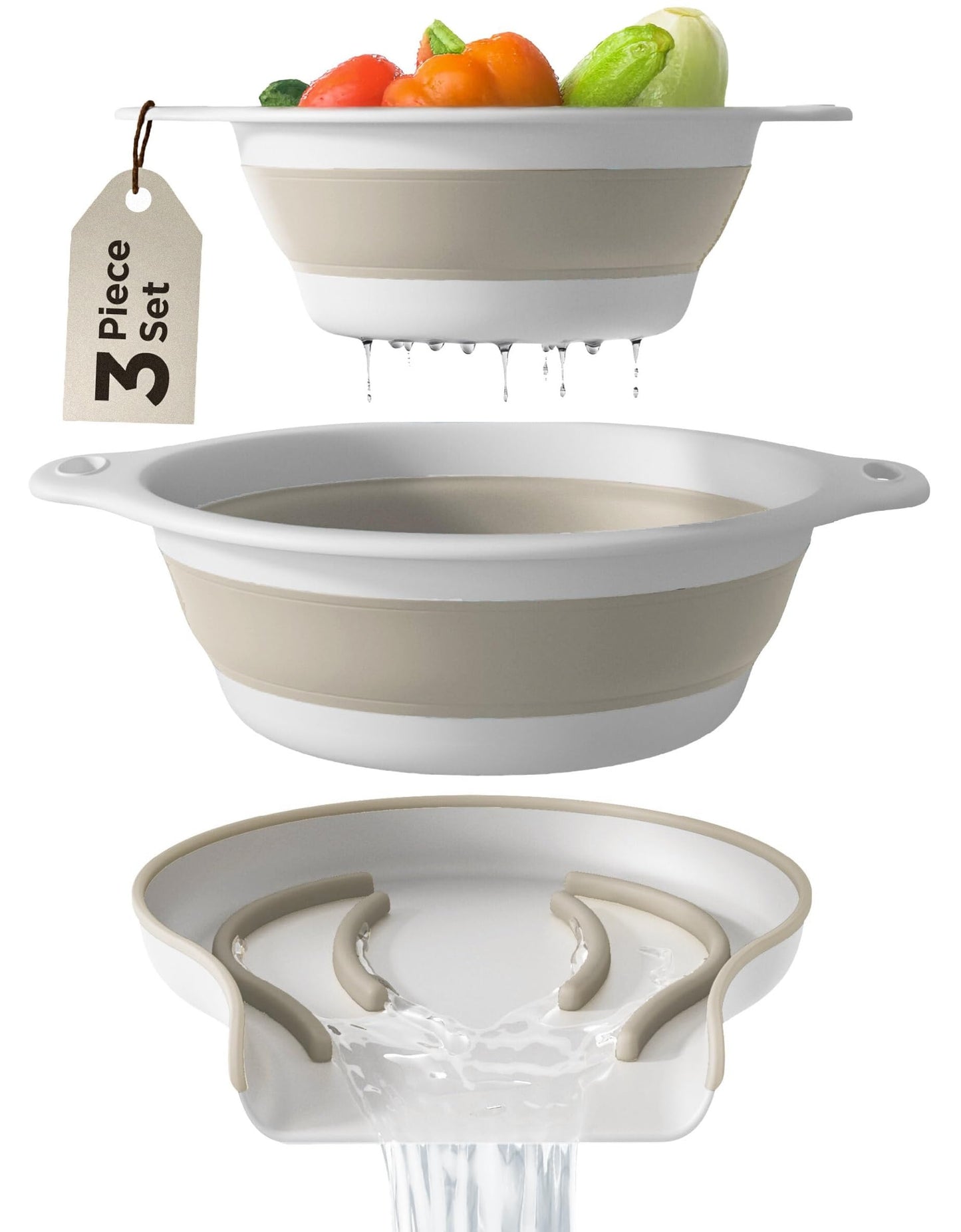 Collapsible Colander Strainer, Includes Over-sink Countertop Draining Base (5QT) Large Kitchen Drainer for Vegetables Fruit and Pasta, Round Foldable Draining Basket, Easy Storage (White)