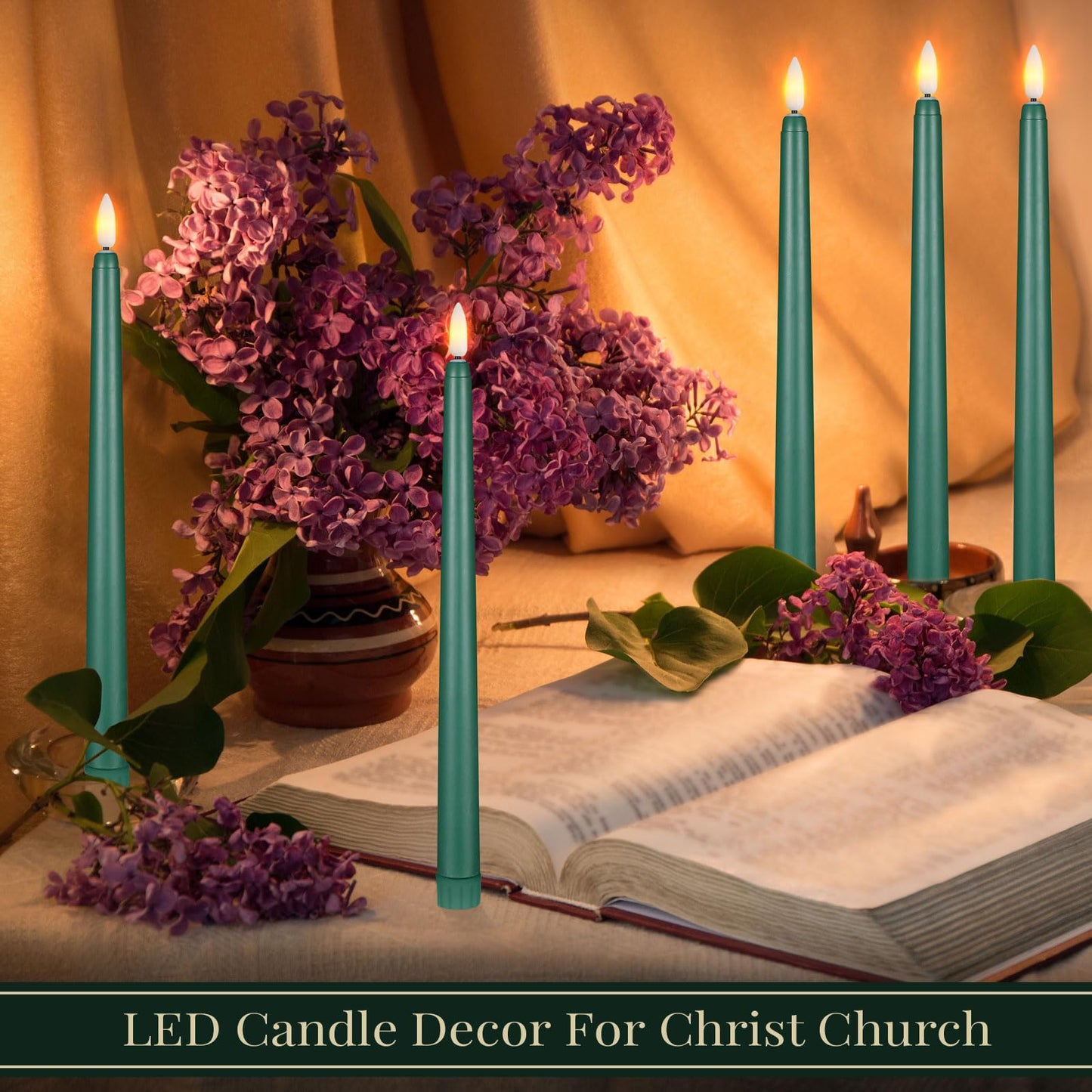 Macarrie 24 Packs Flameless Taper Candles Battery Operated Fake 11 Inch Long Candlelight LED Flameless Candlesticks Flickering Tapered for Spring Summer Wedding(Green)