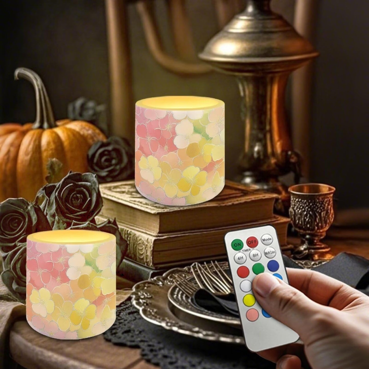 Cozeyat Colorful Floral Flameless Candles 4 Pack Battery Operated with Remote Control Timer LED Pillar Candles Waterproof for Home Patio Beach Garden