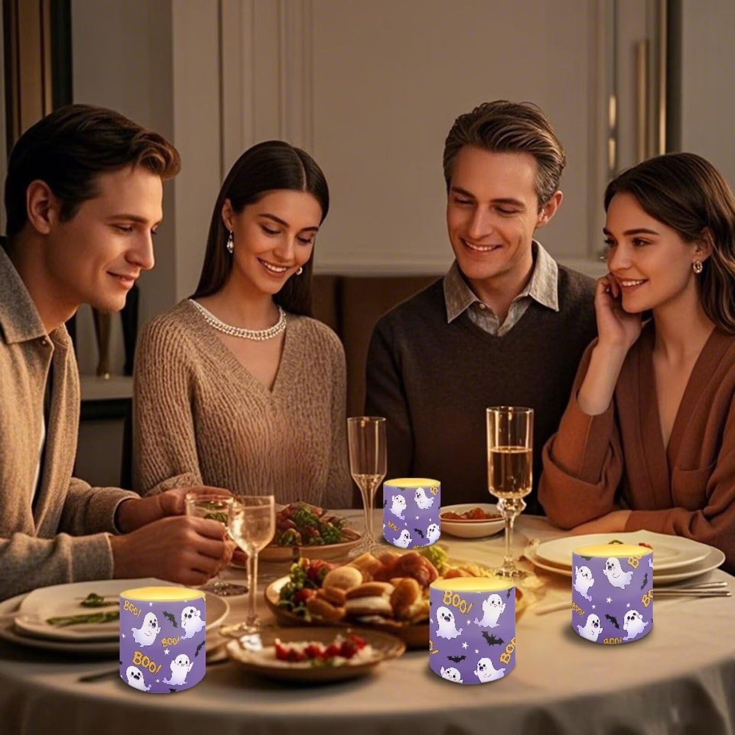 Merkmak Halloween Ghost Bat Print Battery Operated Flameless Candles with Remote and Timer Flameless LED Pillar Candles for Banquet Party Home Decorations 4 Pack Tea Lights Bulk