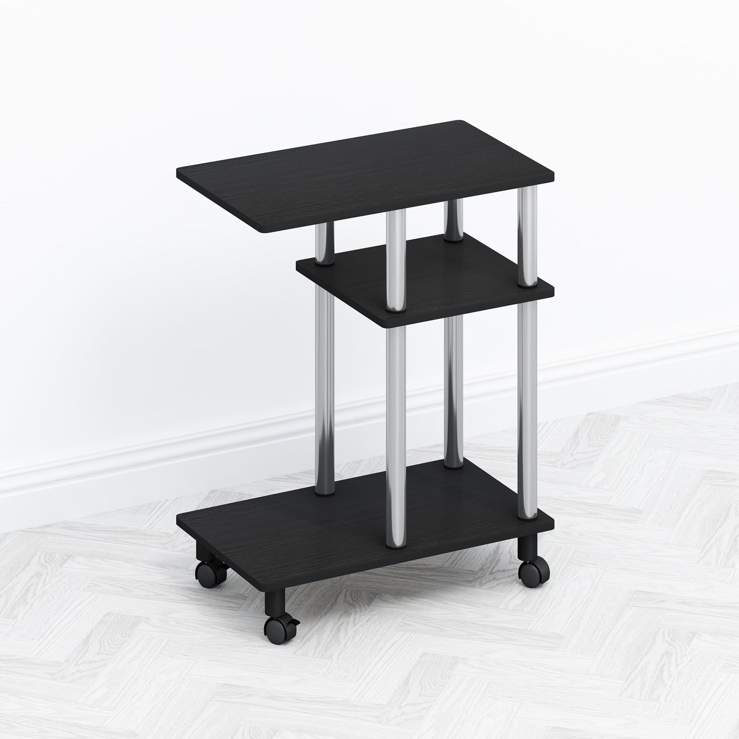 Furinno TOMI Side Table, 3-Tier C-Shape Open Shelf End Table with Wheels, Night Stand, Bedside Table, Toolless Assembly, for Living Room, Bedroom, Americano/Stainless Steel