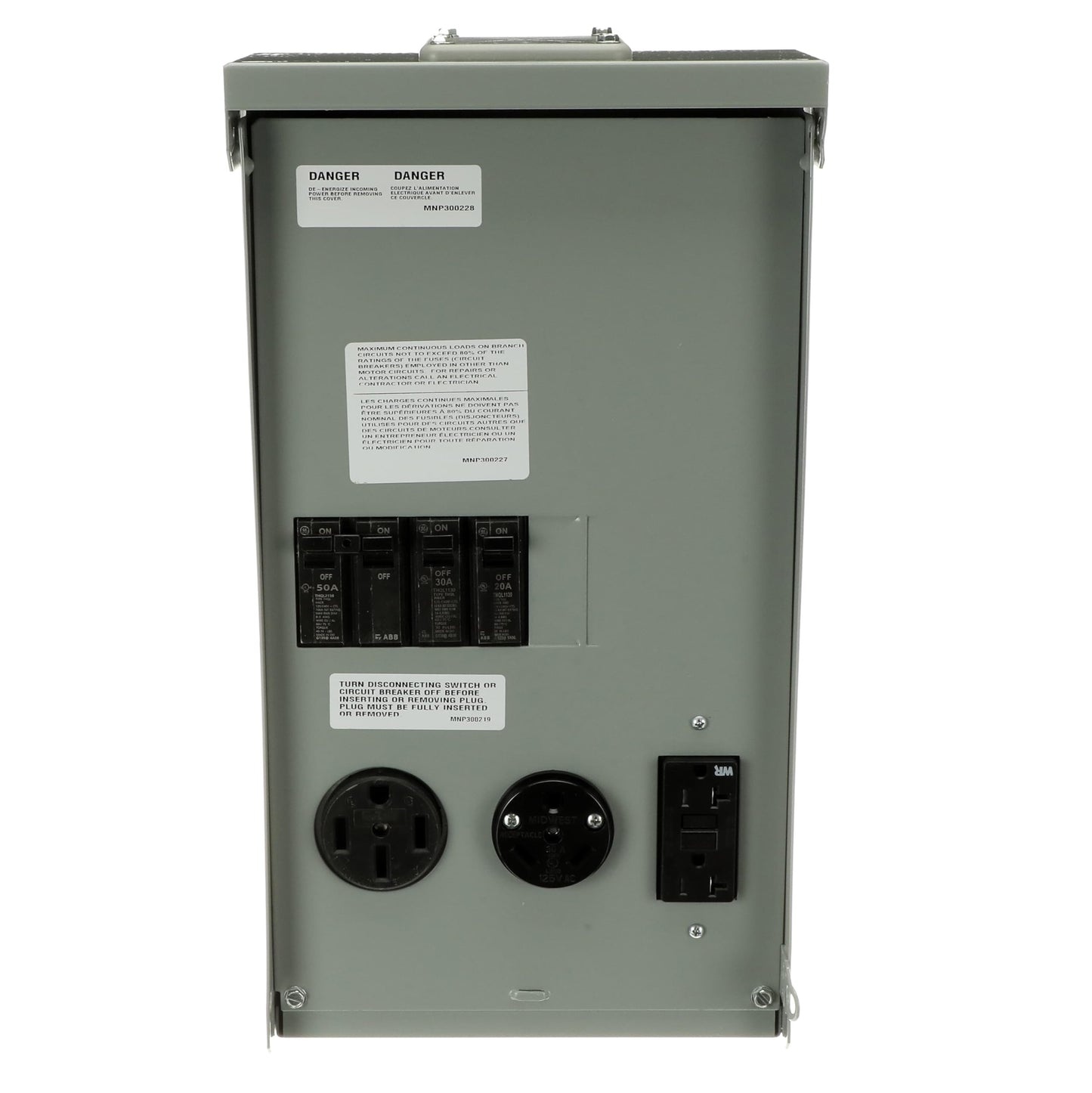 MIDWEST U075CTL010 • Weatherproof RV Power Centre • 100A Twin Lugs • Unmetered N3R Power Supply • Surface Mounted • 10kAIC • 50A/30A/20A breakers with 14-50RWR • TT-30RWR • 5-20R2GFCIWR Receptacles