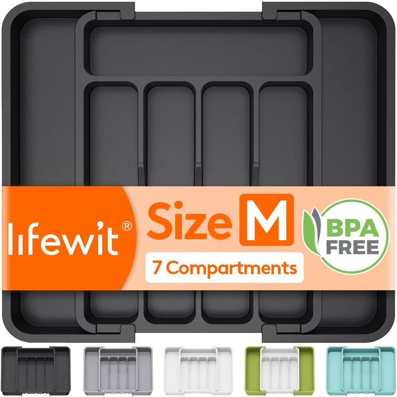 Lifewit Silverware Drawer Organizer, Expandable Utensil Tray for Kitchen, BPA Free Flatware and Cutlery Holder, Adjustable Plastic Storage for Spoons Forks Knives, 8.9-14.7 x 12.2", White