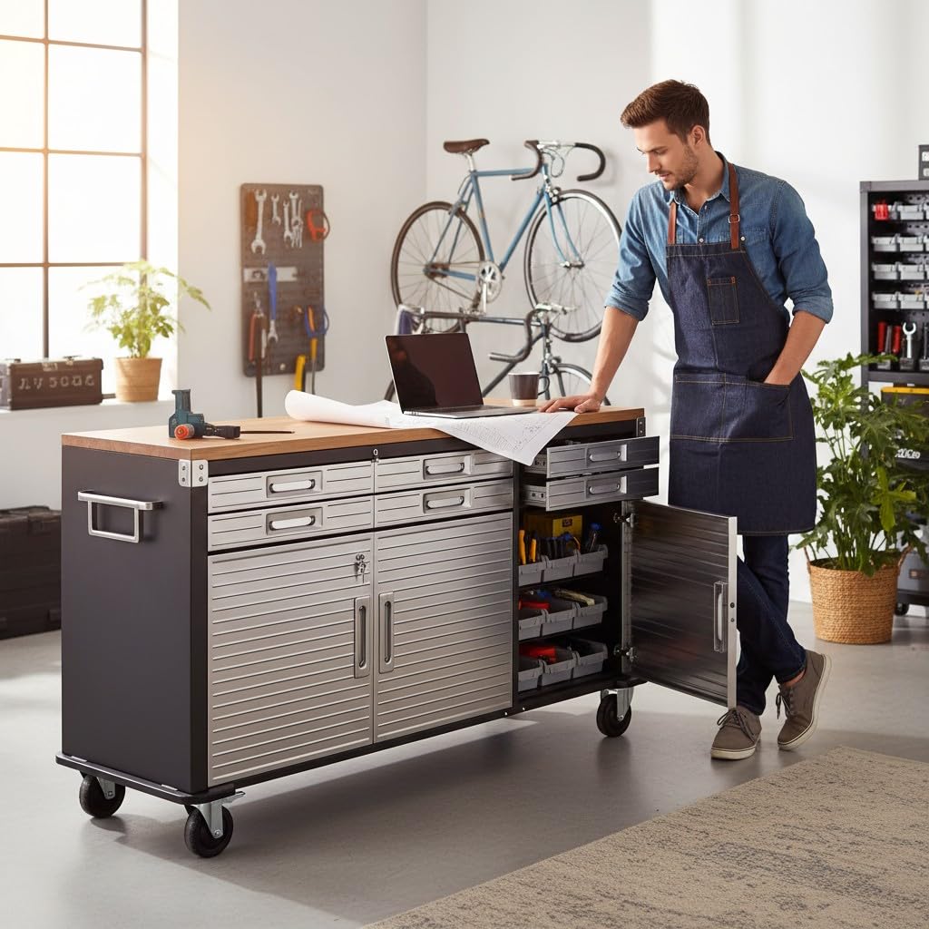 Heavy Duty 6-Drawer Rolling Work Center with Wood Top, Mobile Workbench with Storage, Steel Construction, 75.6" W x 20" D x 37.5" H, Tools Organized Station.