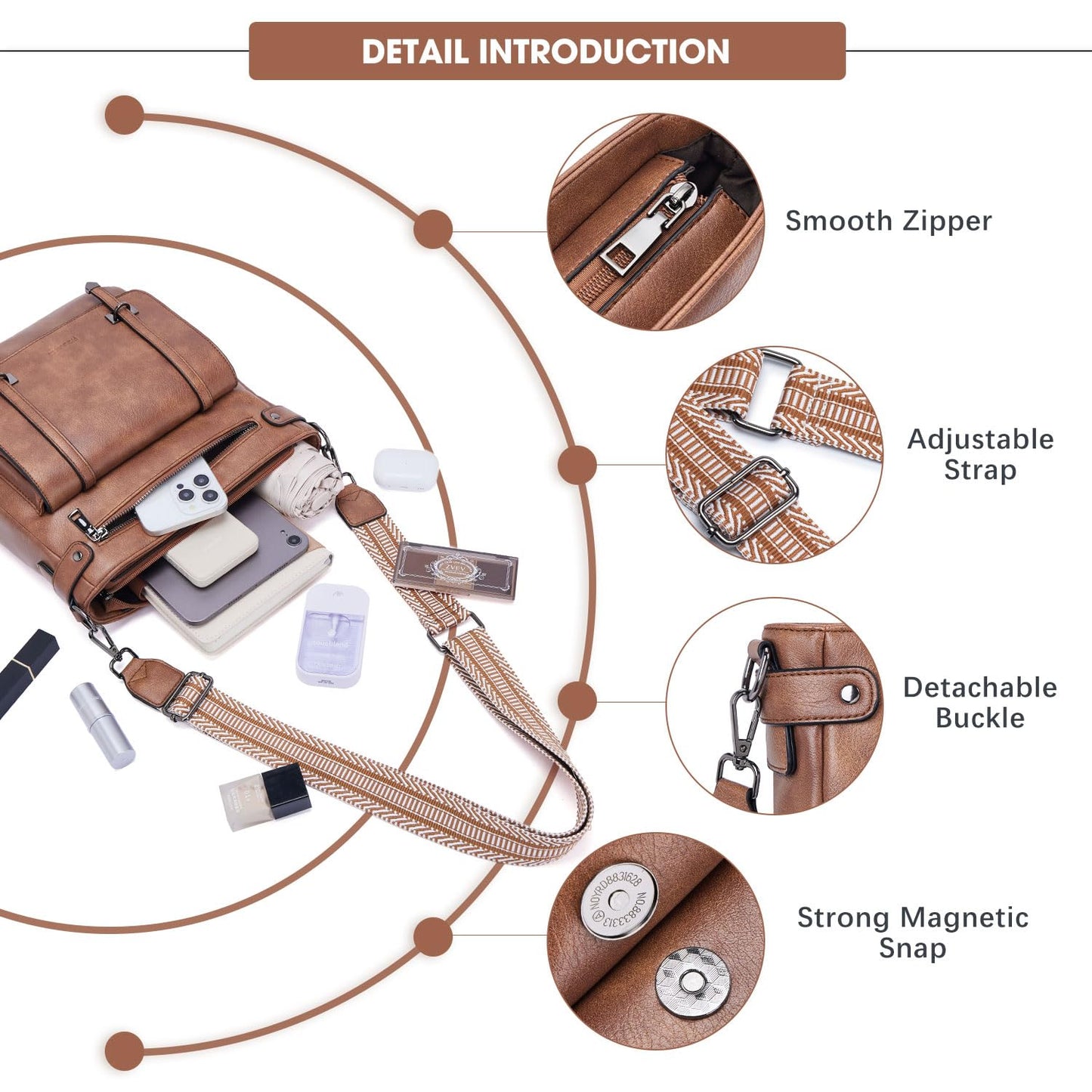 Roulens Crossbody Bags for Women,Multi Pocket Crossbody Purses Vegan Leather Shoulder Handbags Travel Purse Adjustable Strap