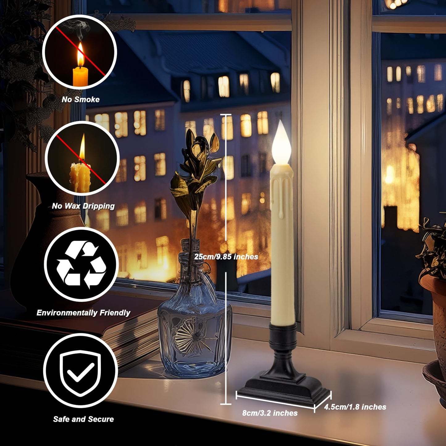 Meigic 6 Pcs Sensor Dawn to Dusk Window Candles, Flickering Battery Candles for Windows, Ultra Bright Fake Candle Lights with Black Holders, Led Candlesticks for Xmas Home Decor, White Light