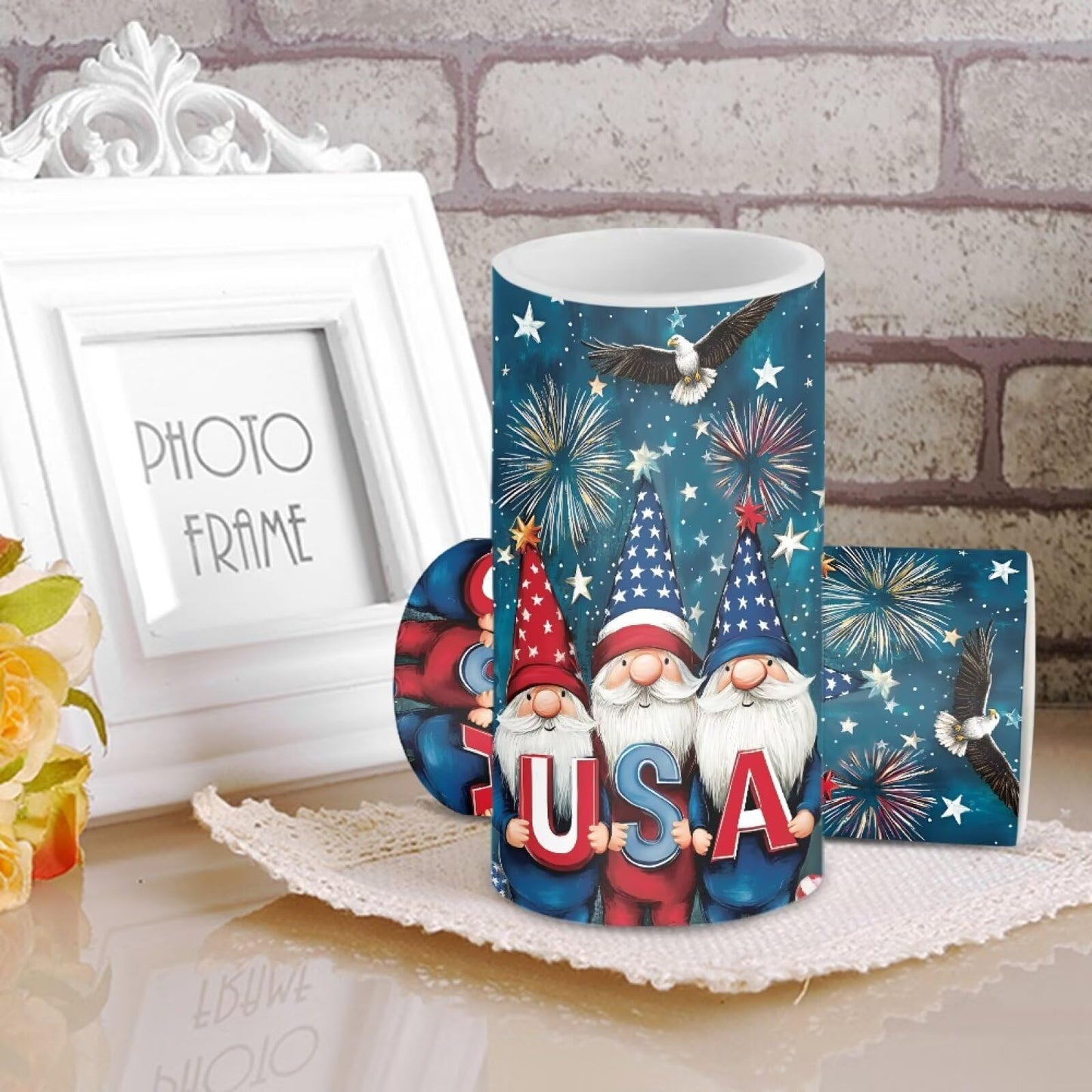 NETILGEN USA Flag Cute Gnome Print 2 Pcs Flameless Candles Battery Powered LED Pillar Candles with Timer Remote 4th of July Patriotic Independence Day Decor