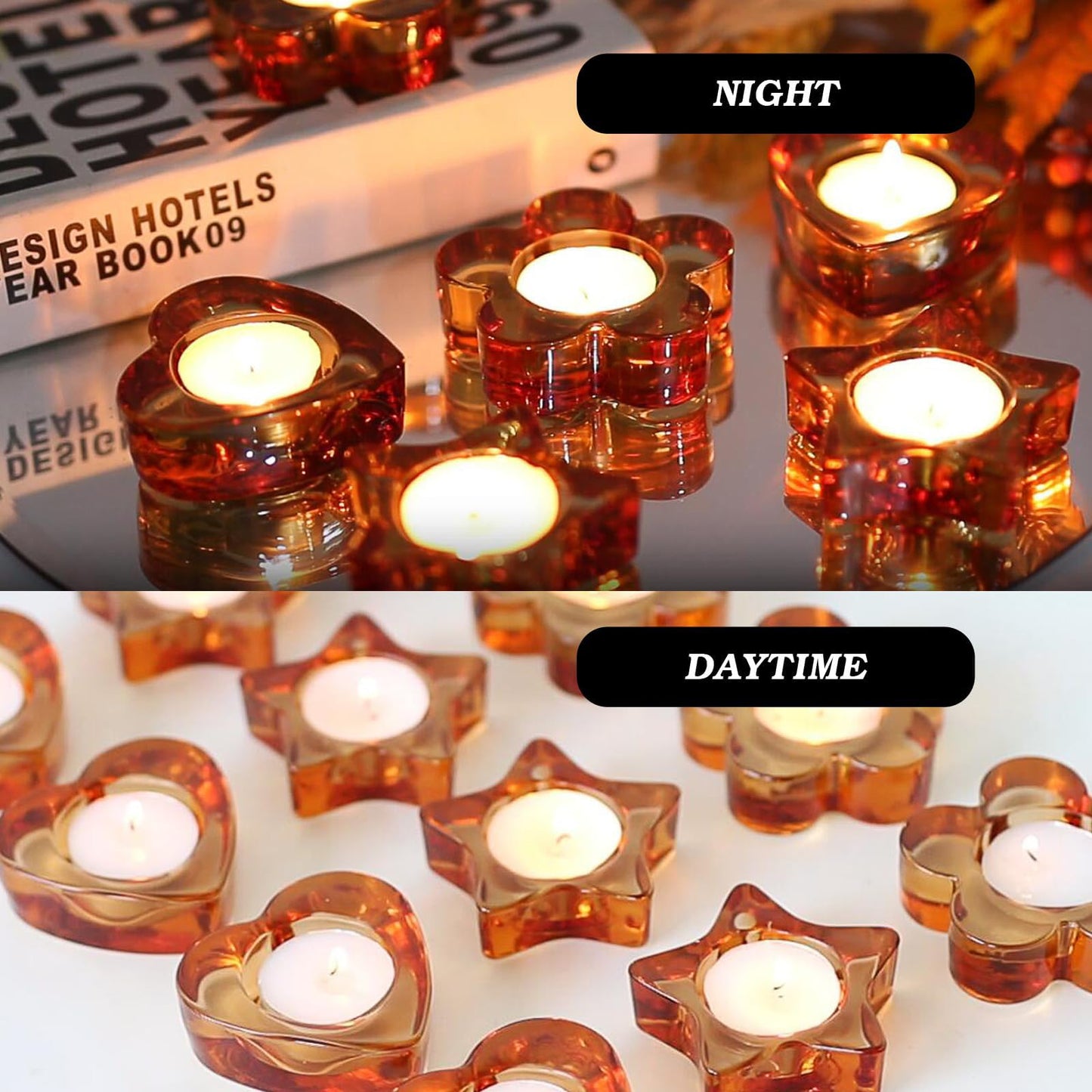 Votive Candle Holders Set of 12 for Table Centerpiece（3 Sizes,Heart/Flower/Star,Amber Glass Tea Light Candle Holders Bulk for Birthday Party,Wedding,Fall Home Decor, Festival Decorative(Amber)