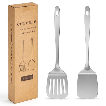 ChefBee 2PCS Metal Spatula Set - Stainless Steel Spatula Solid & Slotted Turner Flipper for Kitchen Use, Heat Resistant Kitchen Cooking Utensils for Flipping Fish, Eggs, Pancakes, Dishwasher Safe