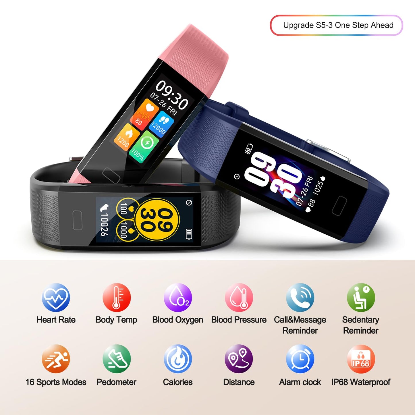 Fitness Tracker with Step/Distance/Calories Counter, Activity Tracker with Heart Rate Monitor, Slim Style Watch IP68 Waterproof, Sleep Monitor Tracker, Pedometer Watch for Women Men