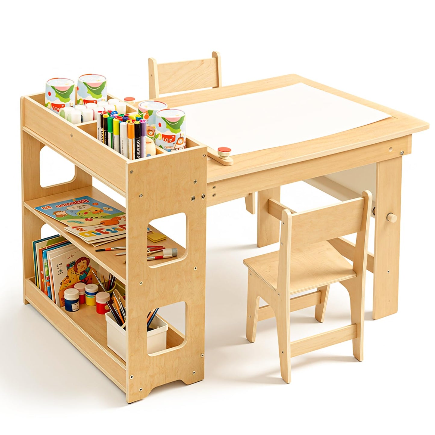 WINGYZ Kids Art Table and Chairs - Toddler Activity Table and 2 Chair Set with Storage Cabinet, 5 in 1 Kids Desk Craft Table with Paper Roll for Drawing Playrooms Daycare Classroom Gifts