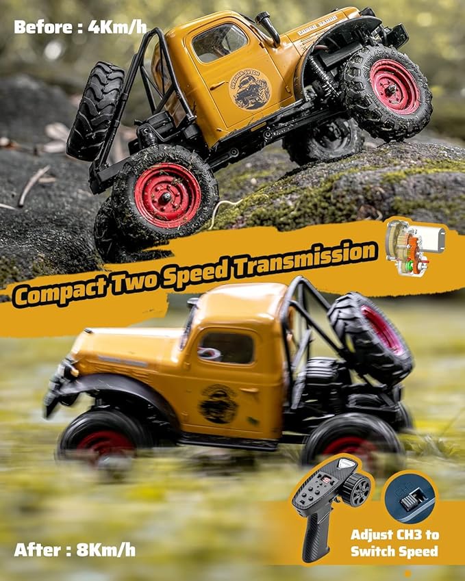 FCX24 RC Crawler 1/24 Remote Control Car Power Wagon 4WD RC Crawler Two-Speed Shift RC Rock Crawler 8Km/h with Portal Axle Metal Gears for Adults (Yellow)