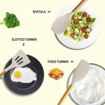 MIBOTE Silicone Cooking Kitchen Utensils Set with Holder, Wooden Handles BPA Free Non Toxic Silicone Turner Tongs Spatula Spoon Kitchen Gadgets Utensil Set for Nonstick Cookware (Khaki)