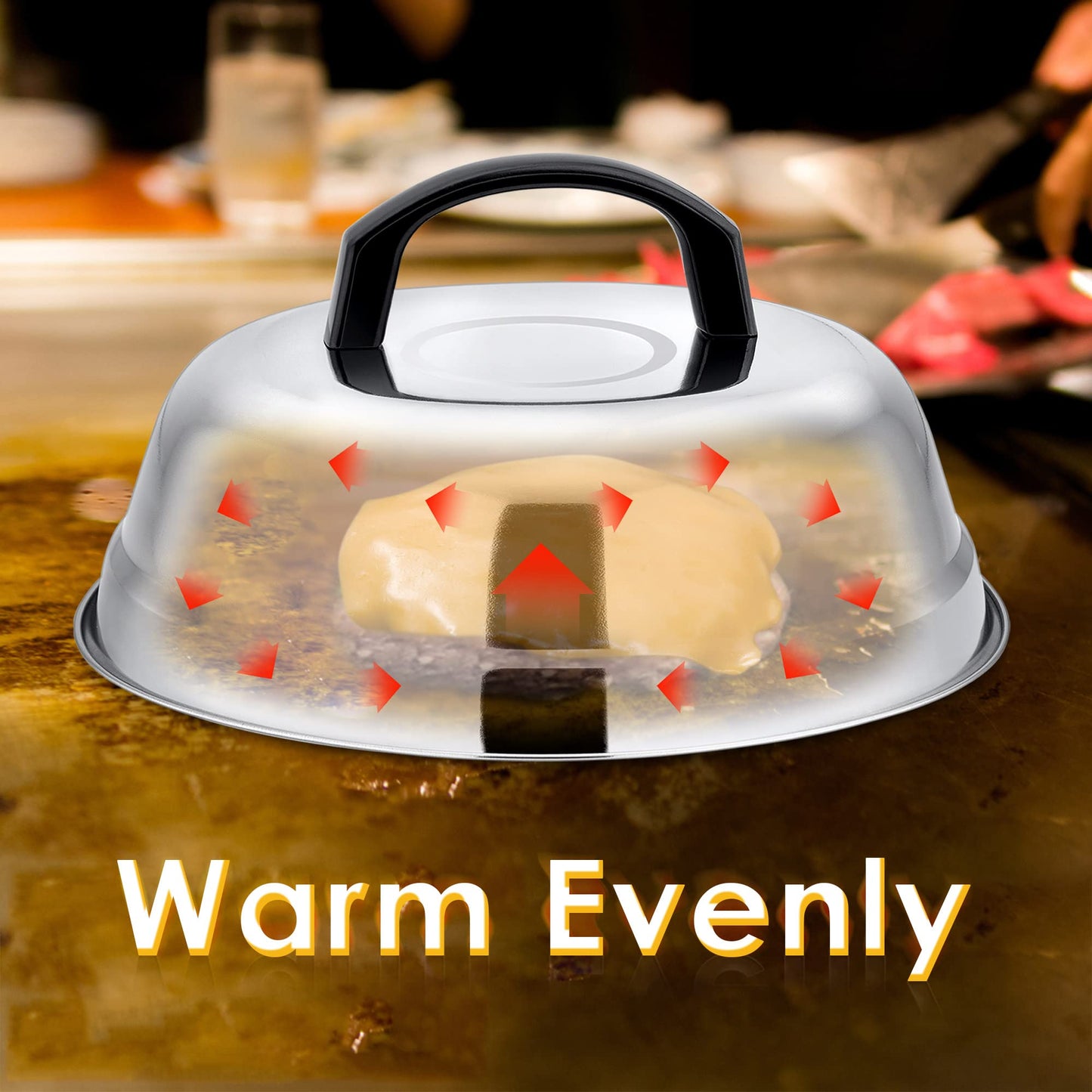 Leonyo 9 Inch Cheese Melting Dome Lid, Stainless Steel Griddle Accessories, Durable Basting Steaming Cover for Teppanyaki Flat Top Griddle Grill, Hamburger Bacon Steak Burger Patties, Plastic Handle