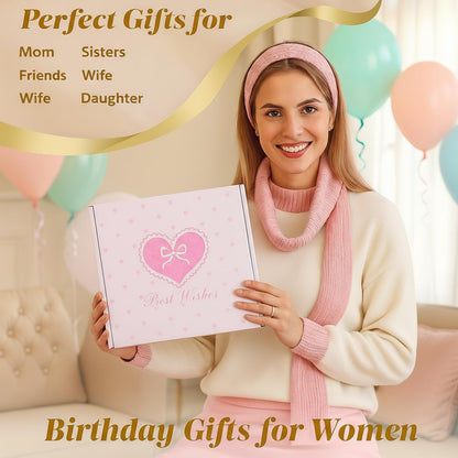 LANGASQUE Birthday Gifts for Women Teen Girls, Happy Birthday Gift Baskets for Women, Coquette Pink Bow Glass Cup Gift Box Set, Chrismas Gifts for Daughter Sister Wife Girlfriend Mom