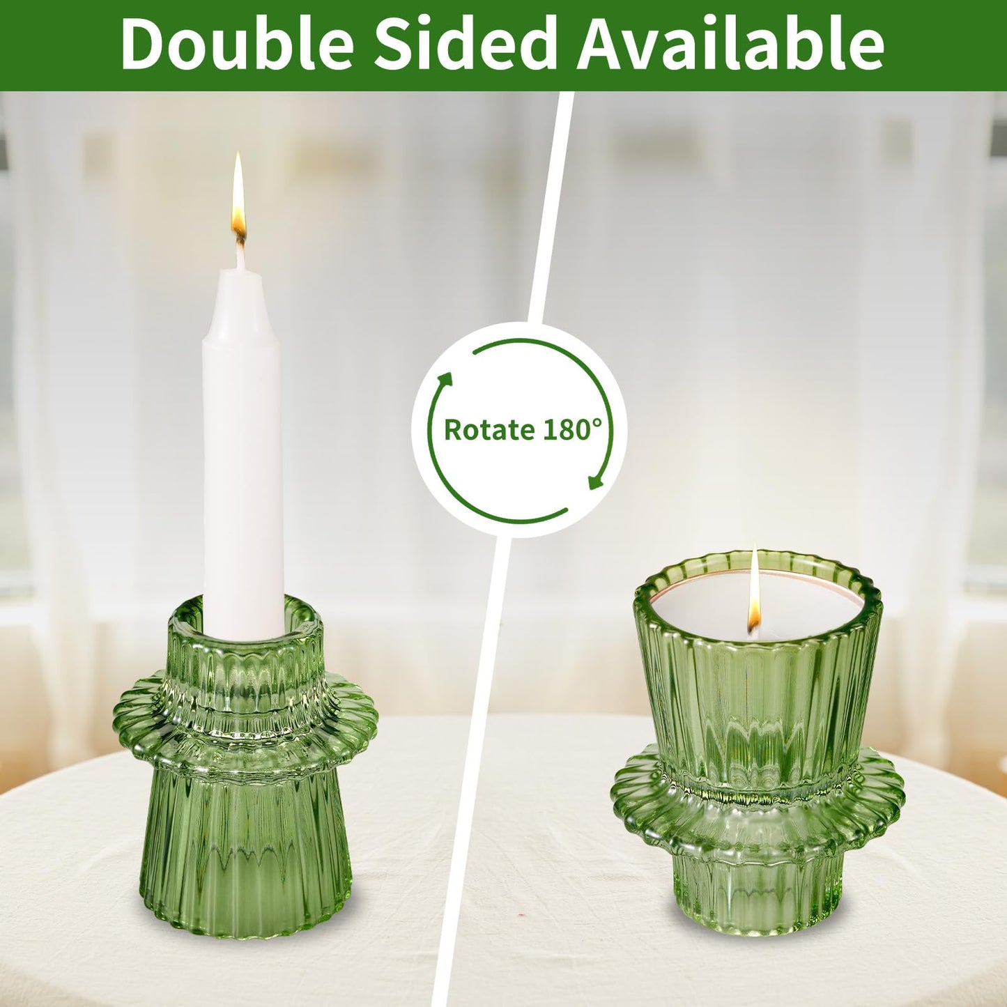 Green Taper Glass Candlestick Holders Set of 6, Tea Lights Candle Holder, Votive Candle Stick Holder for Party Wedding Dining