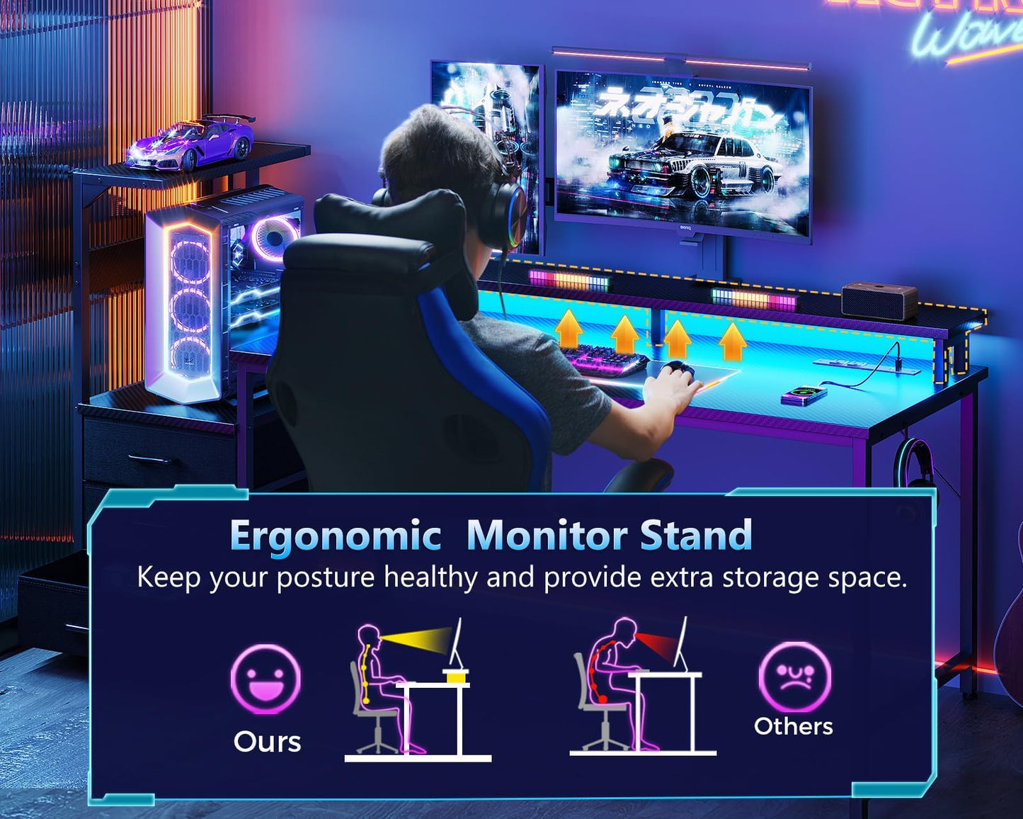 AODK 59 Inch Gaming Desk with USB Charging Ports & LED Light- Reversible Computer Desk with Storage Shelves & Monitor Stand, Modern Gamer Desk Table with Fabric Drawers & Side Hook, Carbon Fiber Black