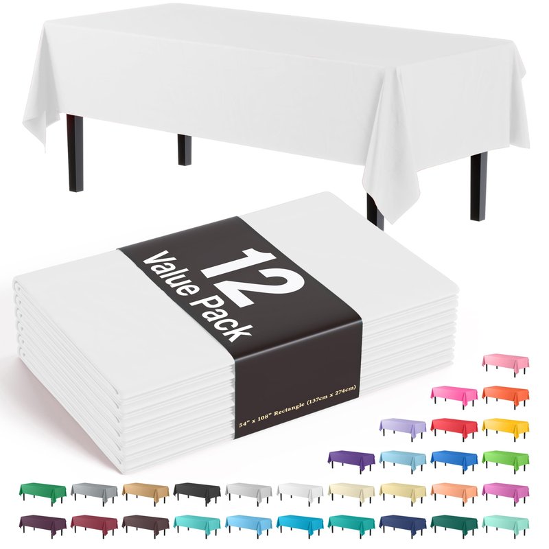 Exquisite 12-Pack Plastic Tablecloth 54x108 Rectangle Value Pack Plastic Table Cover - White